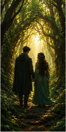 Amoro and Amoura walking together on a forest path
