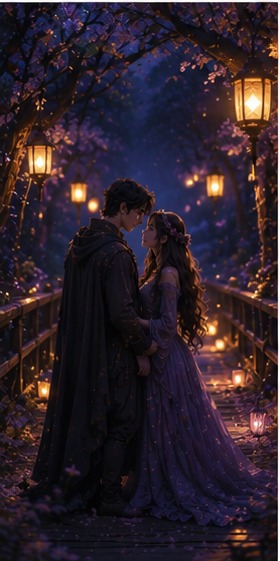 Amoro and Amoura on a lantern-lit bridge